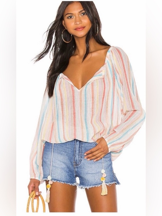 Mes Demoiselles Tops - Mes Demoiselles Cream Multicolor Striped V-Neck Peasant Blouse